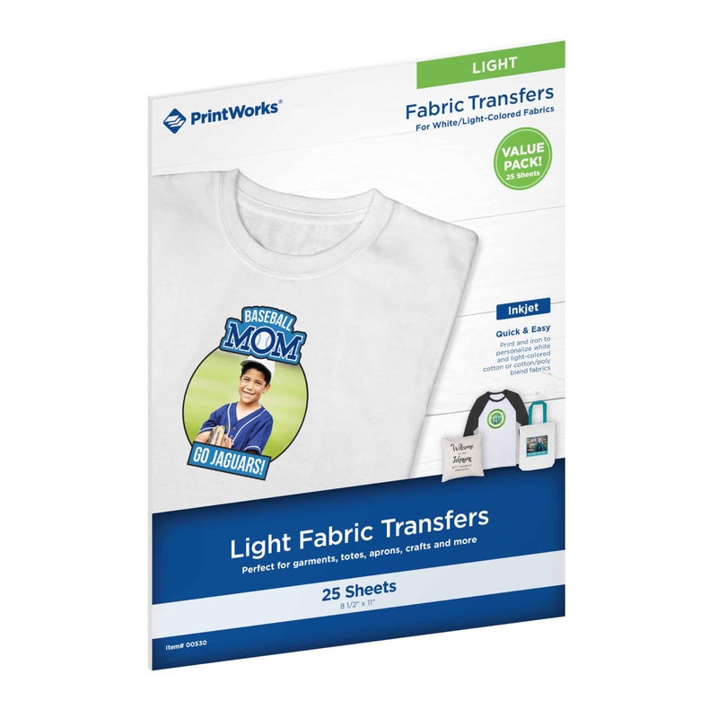 PrintWorks Iron on Heat Transfer Paper for Inkjet Printer - Printable Heat Transfer Vinyl for Light Fabric (Printable HTV) - 8.5" x 11" - 25 Sheets - Made in The USA - Iron on Vinyl (00530) - Image 1
